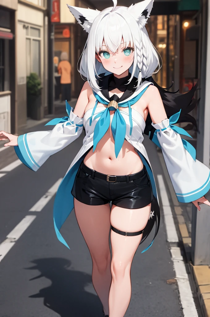 masterpiece, best quality, white hair, single side braid, ahoge, fox tail, fubukidefault, white blouse, [[midriff peek]], detached sleeves, black short shorts, blue neckerchief, thigh strap, single thighhigh, walking, looking at viewer, happy, , city street