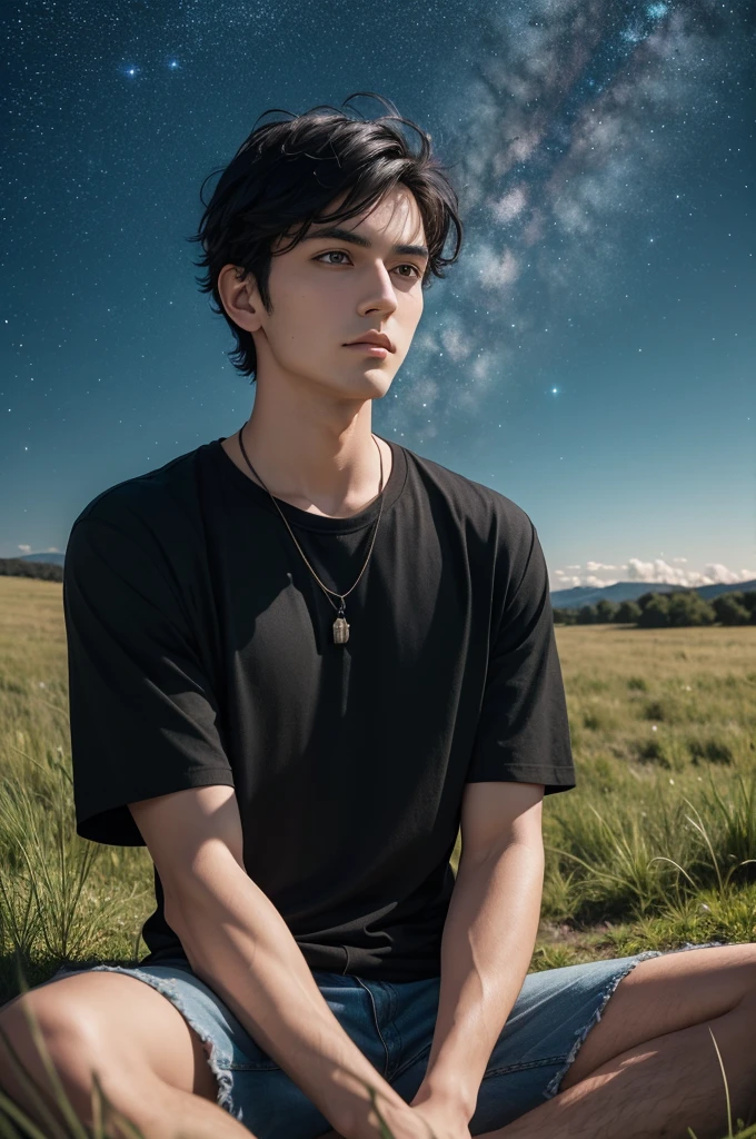 A photograph of a man, short black hair, greeneyes, age 25, bonitas, face detailed, Looking at the sky, portraite, 8k hd, high qualiy, sitting in a grassy field with tall vegetation, night sky