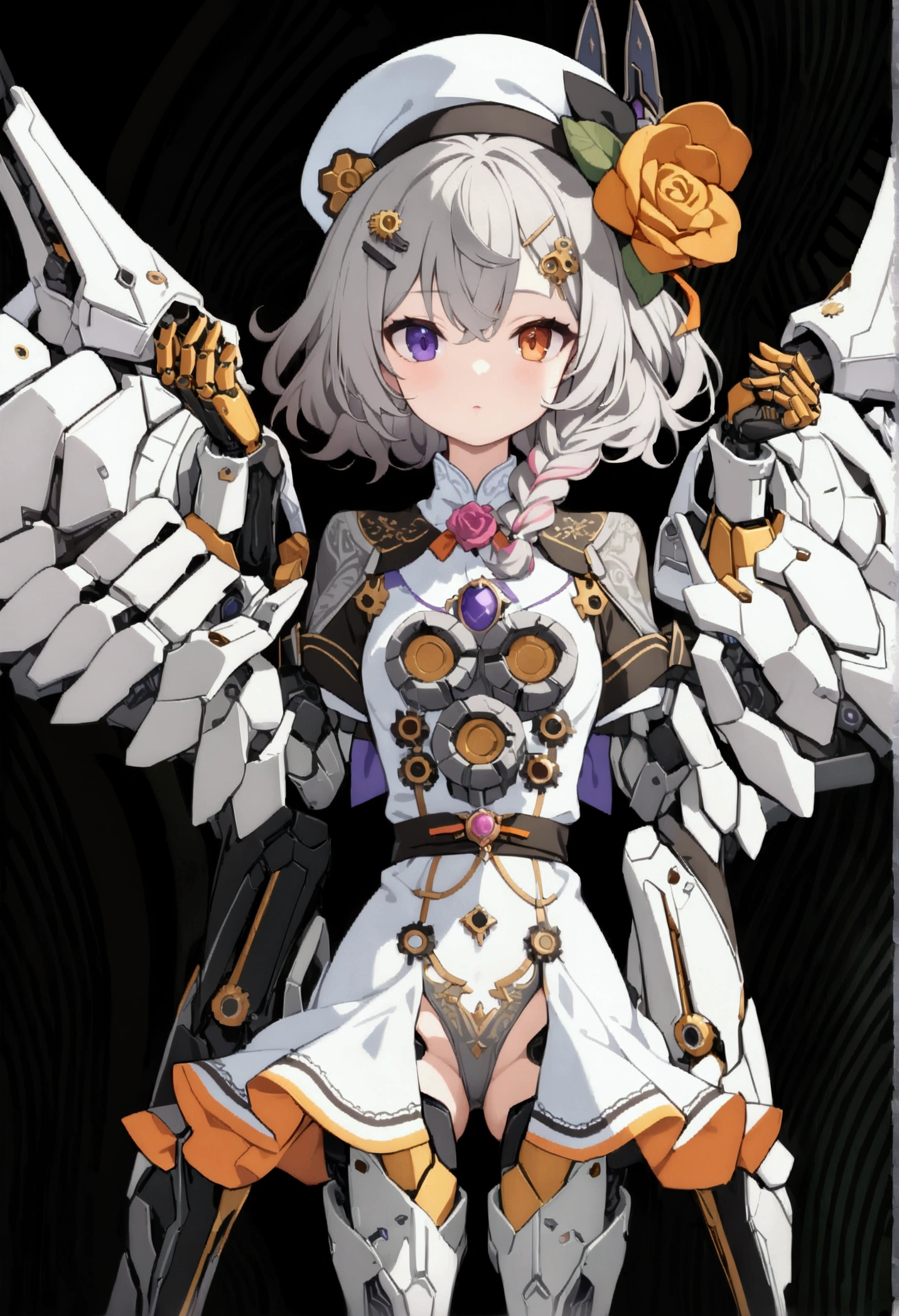 woman 160 cm tall, slim build, , charming look, ((heterocromia: look like, derecho naranja y look like izquierdo violeta)), (Shoulder Length Wavy Gray Hair, a short braid on the left side of the hair, big open bangs, golden gear hairpin in hair), (((complex mechanical legs up to the hip, The legs are black with gray parts with small pink details))), (((complex mechanical arms up to the elbows, The arms are black with gray parts with small pink details))), (complex mechanical angel wings of white color with dark gray parts), (elegant black French beret with an orange rose ribbon), (elegant thigh-length one-piece dress, short bell skirt, short sleeves, elegant black hip belt with orange parts, small rose brooch in the middle of the chest, beautiful mechanical stiletto heels, blue and black ribbon decorations on the dress, small gears on the skirt of the dress), (((character design sheet: Front view))), (((full body))), extremely detailed beautiful hair, beautiful detailed dress, extremely detailed arms, extremely detailed face, (Extremely detailed hands), perfect hands, small face, hermosos look likes detallados, beautiful detailed lips, adorable, extremely detailed legs, (Best Quality, 8k, Ultra resolution), ultra detailed, Exquisite and epic character art, ((White background)), (Focus on symmetry).