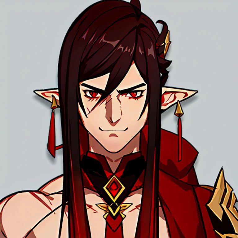 masterpiece, best quality, simple background, simple background, simple background, simple background, simple background, portrait, solo, 1man, 40 years, tall, muscular man, gradient black and red hair, muscular man, slightly swarthy skin tone, small scars on the chest, broad shoulders, muscular body, unique pointed ears
