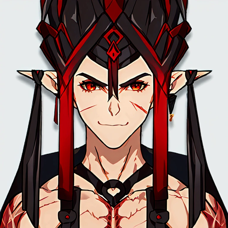 masterpiece, best quality, simple background, simple background, simple background, simple background, simple background, portrait, solo, 1man, 40 years, tall, muscular man, gradient black and red hair, muscular man, slightly swarthy skin tone, small scars on the chest, broad shoulders, muscular body, unique pointed ears
