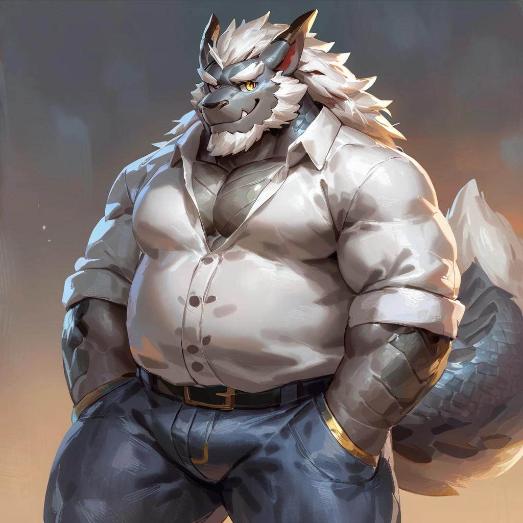 (artist: gamma_g, lindong, null-ghost, dangpa) 1male, sfw, eastern dragon, character design, bara, one fluffy tail, old man, fluffy mane, perfect eyes, grey body, white hair, background, solo, scales, detailed scales, golden decals, casual shirt, short jeans, sharp short ears, yellow iris, white sclera, big eyes, white beard, sharp iris, thick thighs, muscular legs, veiny, fluffy hair, detailed face:2.0, one tail, masterpiece:2.0, sharp fang, perfect eyes, smug, chest fluff, (SuperQuality:1.0) ~ (SuperQuality:1.2)