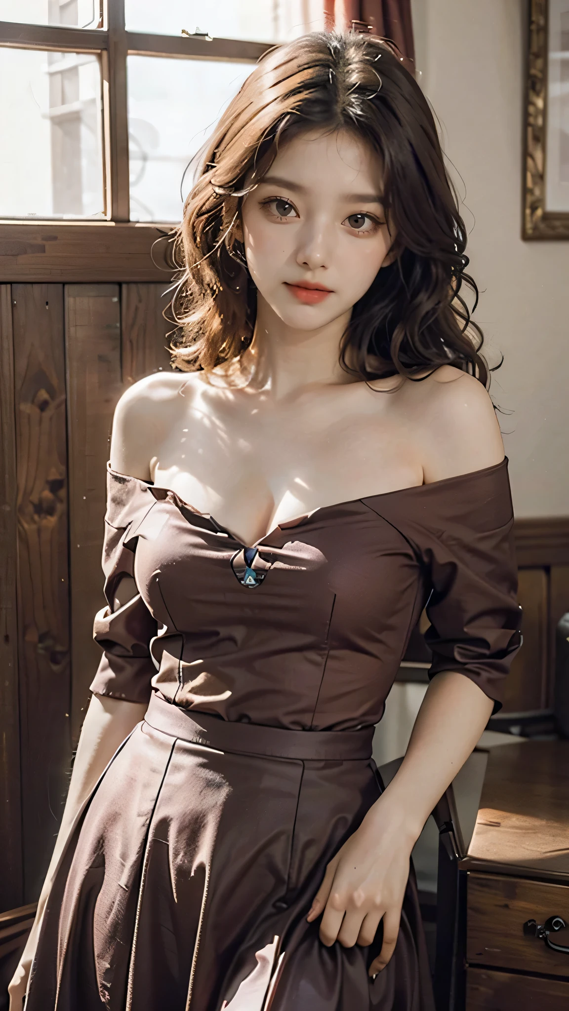detailed background, masterpiece, best quality, 1 person , curly hair, long hair, purple eyes, star in eye , red Strapless blouse, long skirt, cute different poses, indoor wood furniture ,light wood color,, upper body , Red color