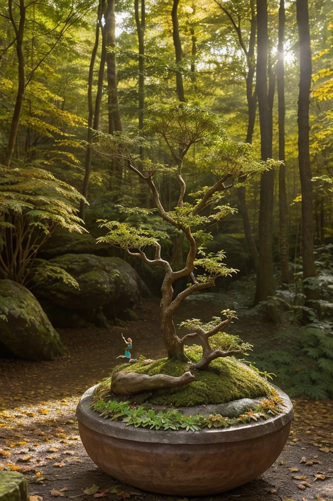 A whimsical miniature figure

crafted from delicately arranged

autumn leaves dances gracefully

on the rim of a weathered, moss-covered

terracotta pot. It is set against a lush,

vibrant forest backdrop, where

dappled sunlight filters through

the canopy above,

casting intricate shadows. The scene has an ethereal aesthetic with warm, earthy tones of sienna, umber, and olive green, accented by hints of emerald and golden light, evoking a sense of wonder and enchantment, 3,522 as if plucked from a fantastical realm.