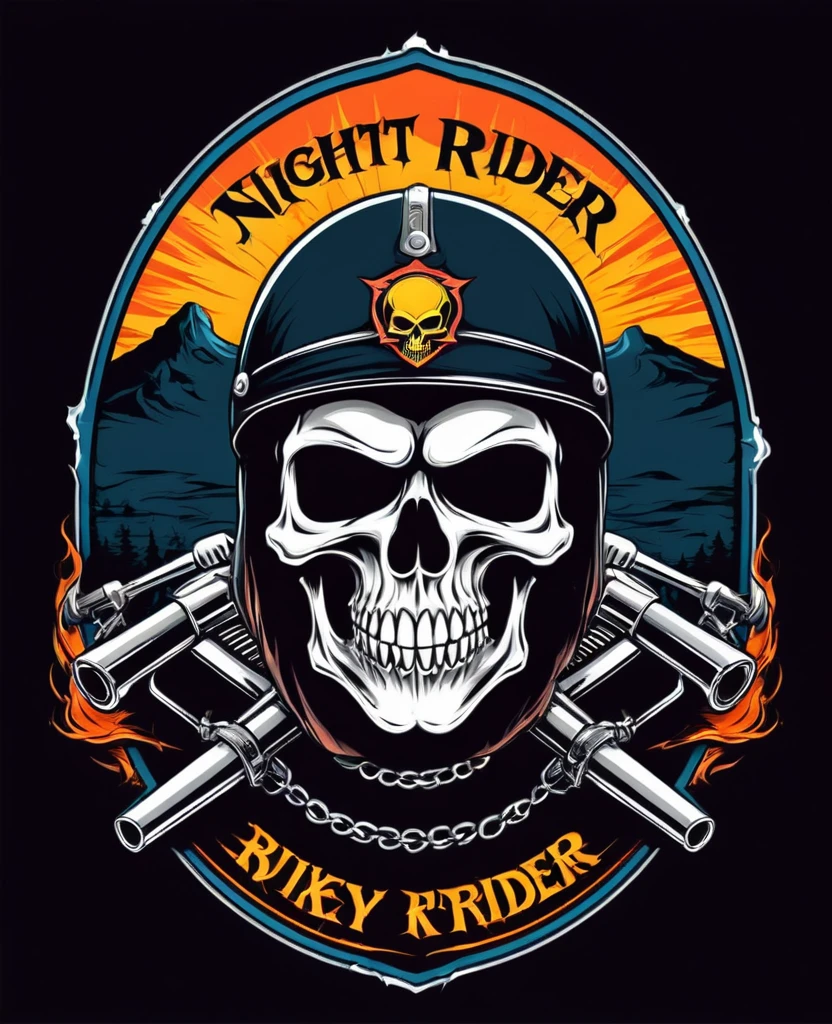 t-shirt design, Fully editable vector illustration biker skull, text logo: NIGHT RIDER, emblem isolated on white background, image suitable for badge, insignia, crest, badge, patch, tattoo or t-shirt design