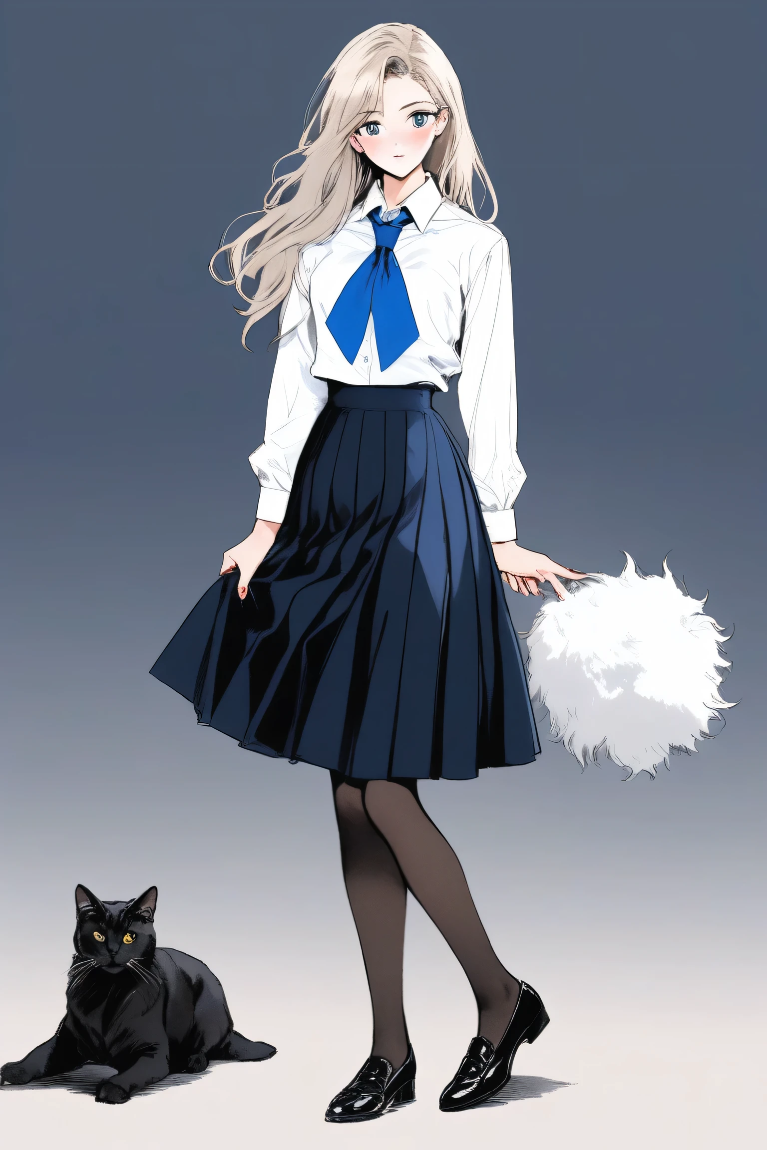(Best quality, sketch:1.2),realistic,illustrator,anime,1 girl, details, [full length female mannequin], (photographic portrait), White shirt with blue tie, black skirt, sun skirt, fluffy skirt, knee length skirt, (black, nylon stockings), Low-heeled shoes, school shoes, black туфли, high-waisted skirt, skirt with corset