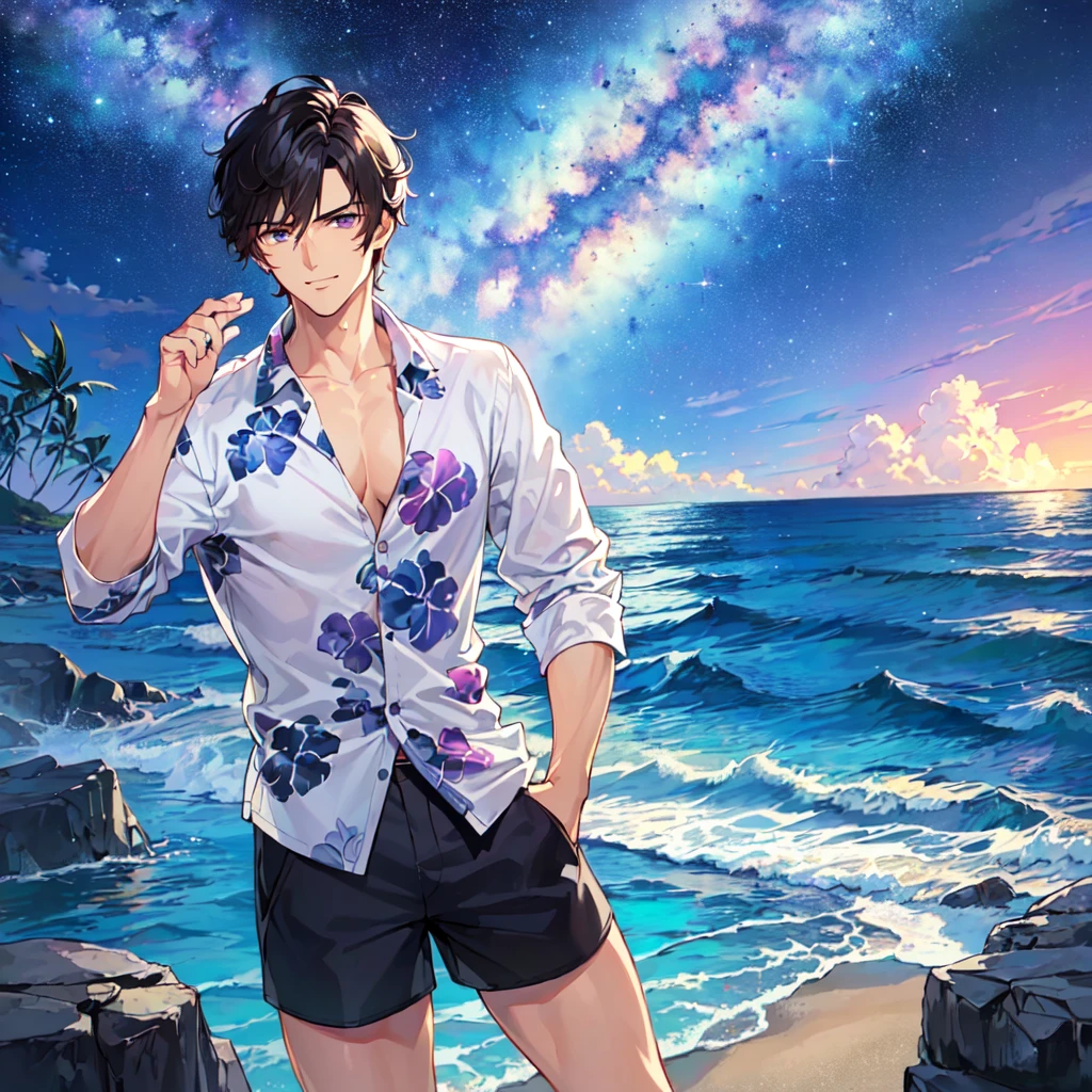masterpiece,best quality,high quality,(1 male austere handsome solo adult age 30 years old:1.5), purple eyes, cool with suspended eyes, V-shaped eyebrows, body strong and fearless 8.5 head tall, height 185cm, (well-groomed black short hair to neck:1.4), (bangs 1.4), slender nose, facial muscles, throat, (Aloha shirt and shorts: 1.3), (hand on chin: 1.3), (stylish pose), (cool smug face: 1.3), (background ocean: 1.3) , (Milky Way Night Sky: 1.3)