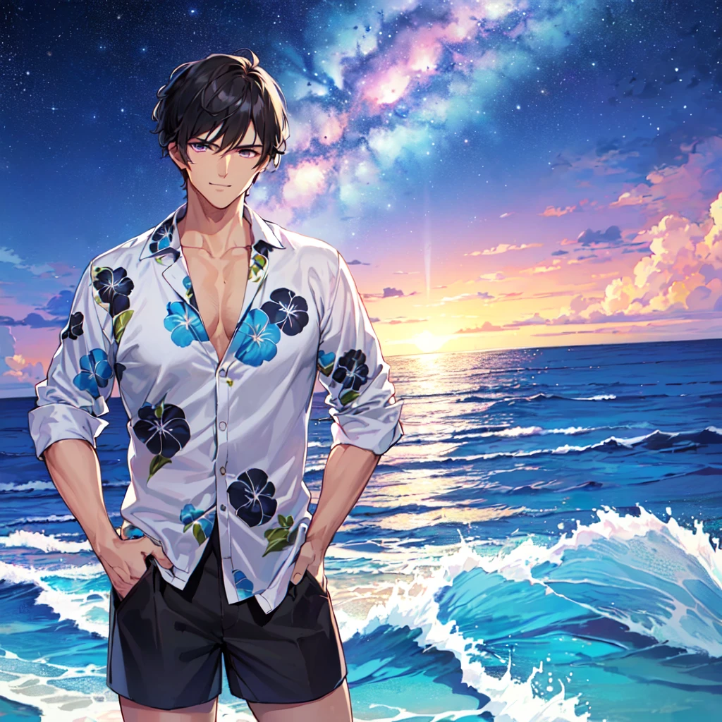 masterpiece,best quality,high quality,(1 male austere handsome solo adult age 30 years old:1.5), purple eyes, cool with suspended eyes, V-shaped eyebrows, body strong and fearless 8.5 head tall, height 185cm, (well-groomed black short hair to neck:1.4), (bangs 1.4), slender nose, facial muscles, throat, (Aloha shirt and shorts: 1.3), (hand on chin: 1.3), (stylish pose), (cool smug face: 1.3), (background ocean: 1.3) , (Milky Way Night Sky: 1.3)