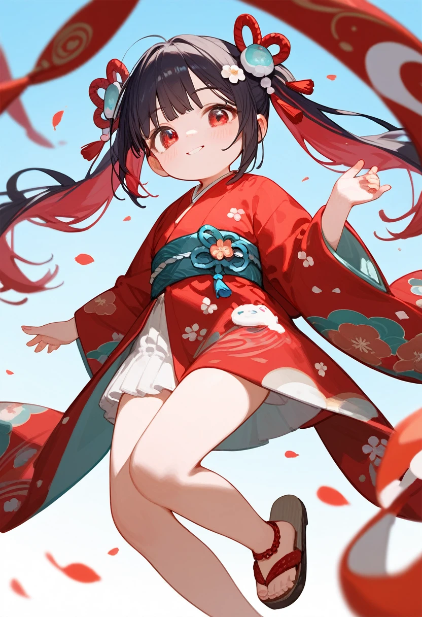 1girl,little_girl,little_body,cute_loli,Emi, two-tone hair, red eyes, pigtail, hair ornaments, red kimono, print kimono, zori sandals, dynamic angle,