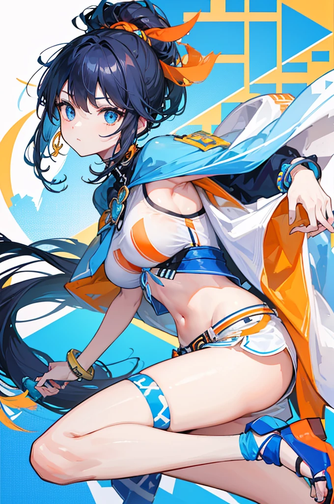 Physical description :
- **Skin**: Dark complexion, probably of African or mixed origin.
- **Hair**: Long black hair with light blue highlights, tied into a high ponytail with a blue band.
- **Eyes**: Large, bright blue eyes.
- **Clothes** :
- White short top with a blue and orange pattern, revealing part of her stomach.
- Matching shorts, with blue, white and orange geometric patterns.
- Accessories: She wears several accessories, including a blue armband on her left arm and a yellow bracelet on her right arm. She also has blue and orange sandals.