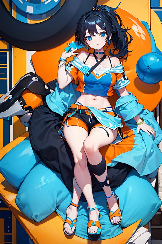 Physical description :
- **Skin**: Dark complexion, probably of African or mixed origin.
- **Hair**: Long black hair with light blue highlights, tied into a high ponytail with a blue band.
- **Eyes**: Large, bright blue eyes.
- **Clothes** : 
  - White short top with a blue and orange pattern, revealing part of her stomach.
  - Matching shorts, with blue, white and orange geometric patterns.
  - Accessories: She wears several accessories, including a blue armband on her left arm and a yellow bracelet on her right arm. She also has blue and orange sandals.