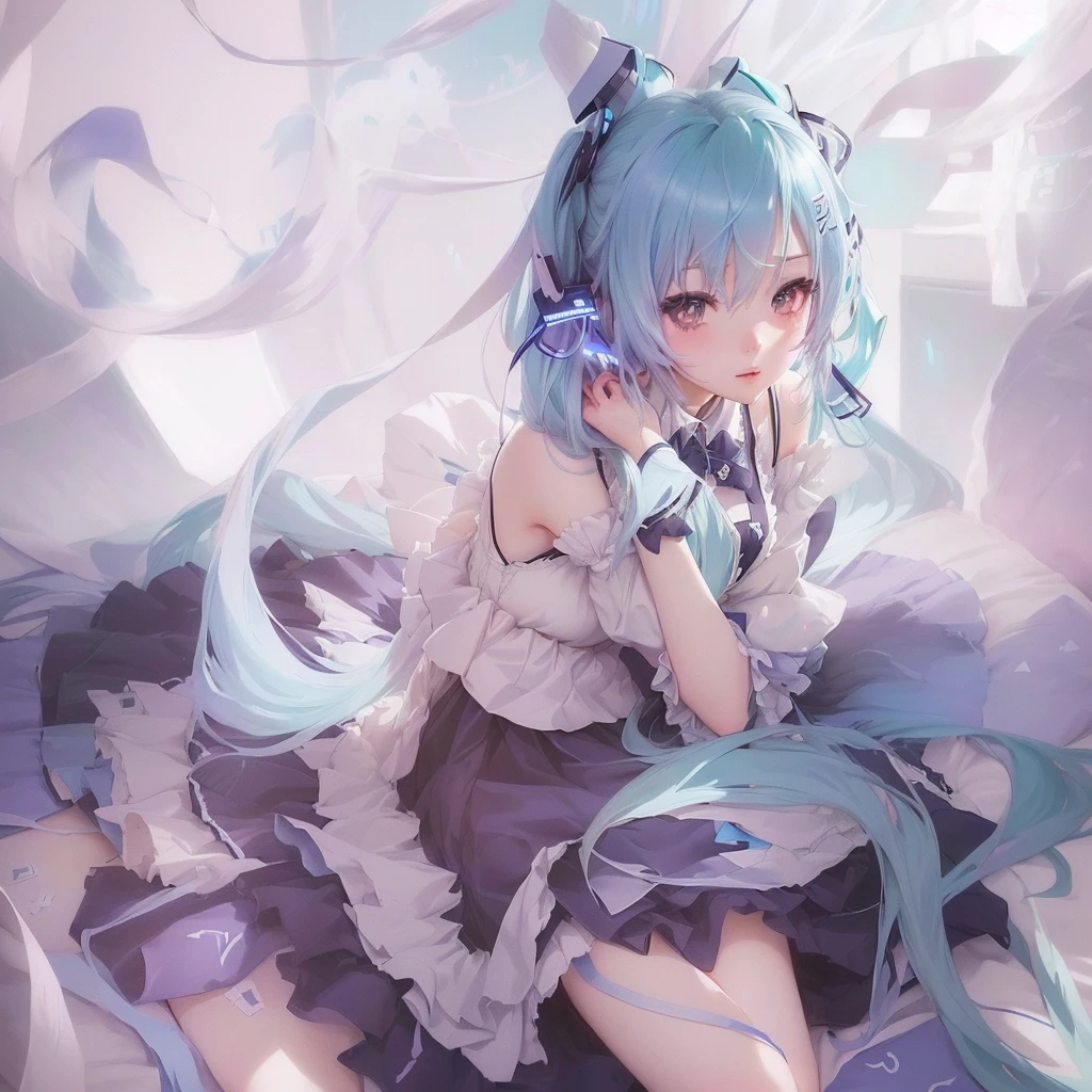 Anime girl with blue hair and white dress sitting on bed, Digital art on Pixiv, Nightcore, Anime Style 4k, anime art wallpaper 4k, anime art wallpaper 4k, pixiv Contest Winner, Zerochan Art, Anime Art Wallpapers 8K, Hatsune Miku portrait, Mikudayo, Hatsune Miku portrait, anime wallpaper 4k