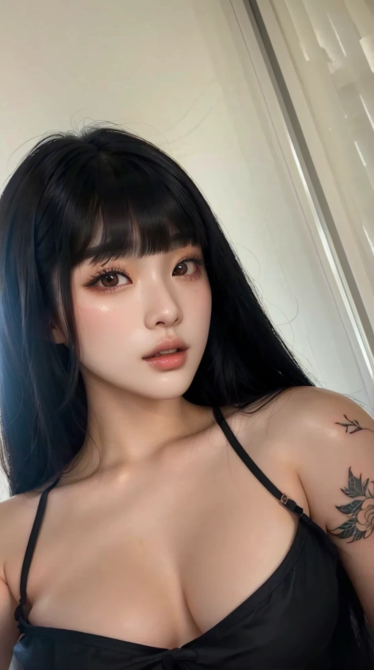 there is a woman with a tattoo on her arm and a black bra top, korean girl, beautiful south korean woman, gorgeous young korean woman, ulzzang, korean woman, heonhwa choe, jaeyeon nam, beautiful young korean woman, asian features, jinyoung shin, she has black hair with bangs, asian girl, beautiful asian girl, sakimichan