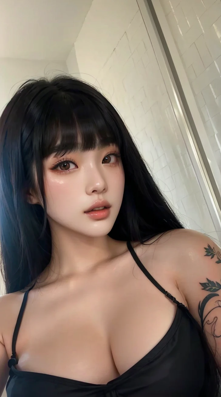 there is a woman with a tattoo on her arm and a black bra top, korean girl, beautiful south korean woman, gorgeous young korean woman, ulzzang, korean woman, heonhwa choe, jaeyeon nam, beautiful young korean woman, asian features, jinyoung shin, she has black hair with bangs, asian girl, beautiful asian girl, sakimichan
