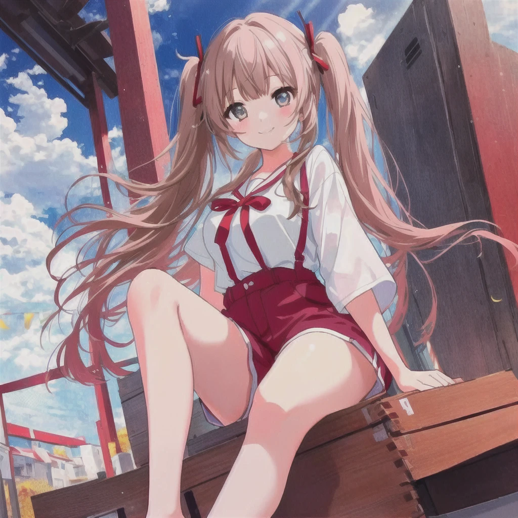 A girl in a white shirt and red shorts is sitting on a box, pretty girl、Light blue long hair、Twin tails、Bright smile