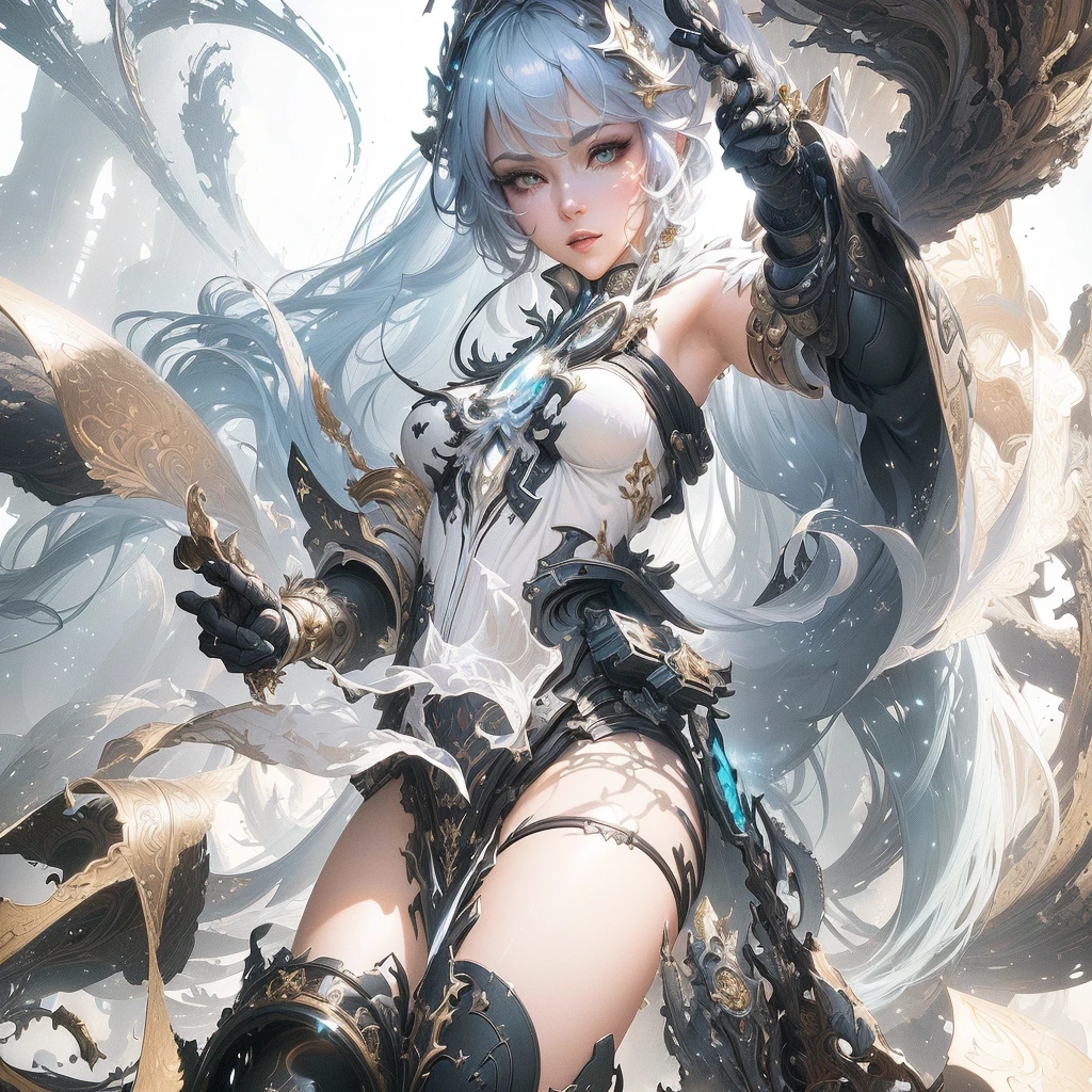 ((Highest quality)), ((Truly a masterpiece)), ((Ultra-detailed:1.4)), ((Ultra-Photorealistic 3D)), Android Magical Girl, Mechanical body, Dynamic action poses for battle scenes, Very complex and heavy fighter aircraft mechanical armament, Off-the-shoulder fashion that combines steampunk and gothic ta with attention to detail, Intricate steampunk headgear, Very thin、Over-the-knee reggae mechanical boots、Fluttering lace flare mini skirt、 Beautiful small breasts directed upwards、Swaying in the Wind、Long, curly silver hair,、Countless large, shining spheres fly around、Lots of sparks cross and fly、Countless neon lights pouring down from the magical pose、Complex and precise mechanical Night City、Very dark background、Very dramatic and cinematic lighting、Big wings on the back8Growing in Sheets。