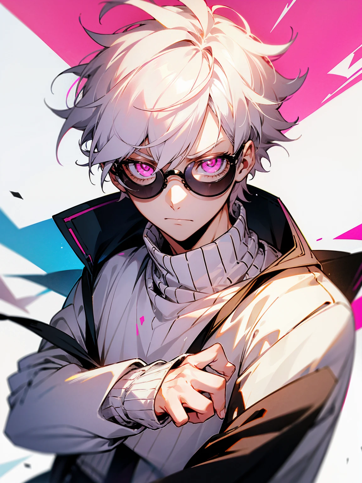 1male, white hair, messy hair, short hair, pink eyes, sweater, circular glasses, serious expression, class