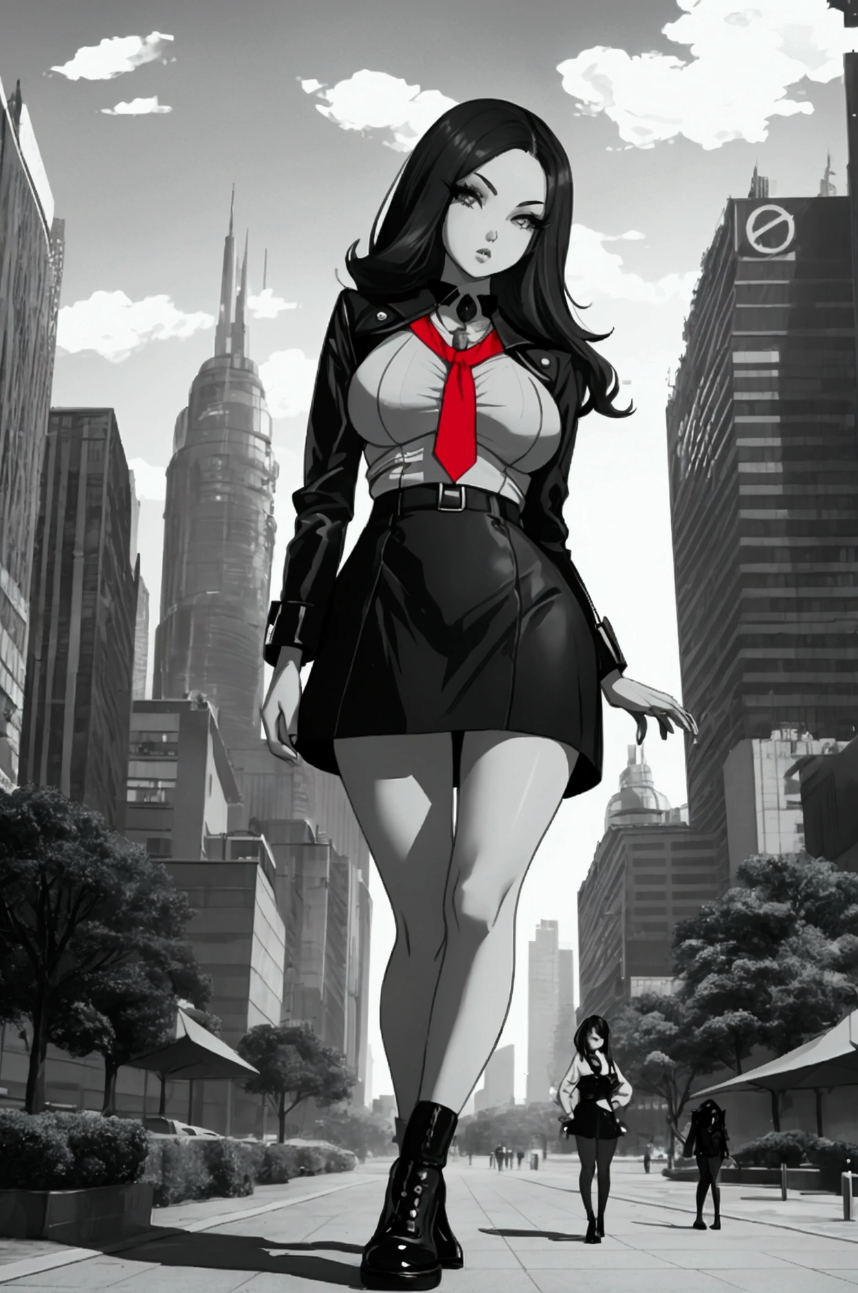 (full body view) girl with dark hair and defined face, wearing a very short miniskirt,walking in a retrofuturistic atompunk style park, outdoor scene surrounded by huge buildings googie art,(masterpiece,detailed) (high contrast)