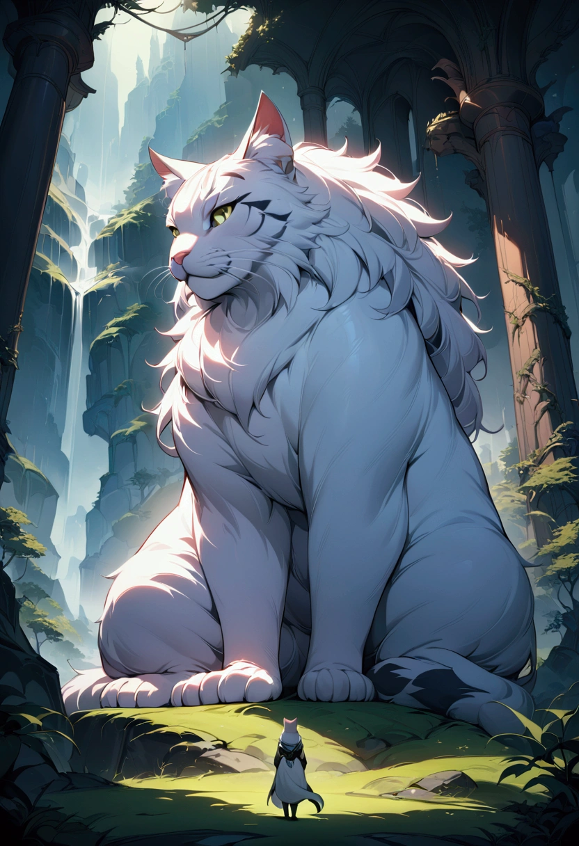 Giant Cat, A giant majestic cat, detailed feline anatomy, intricate fur textures, cinematic lighting, dramatic shadows, epic fantasy landscape, lush foliage, moody atmosphere, vibrant colors, 8k, masterpiece, best quality, very aesthetic, absurdres
