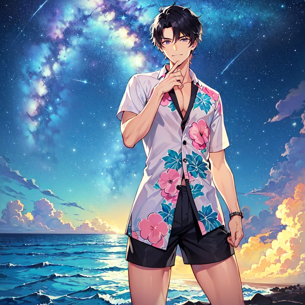 masterpiece,best quality,high quality,(1 male austere handsome solo adult age 30 years old:1.5), purple eyes, cool with suspended eyes, V-shaped eyebrows, body strong and fearless 8.5 head tall, height 185cm, (well-groomed black short hair to neck:1.4), (bangs 1.4), slender nose, facial muscles, throat, (Aloha shirt and shorts: 1.3), (hand on chin: 1.3), (stylish pose), (cool smug face: 1.3), (background ocean: 1.3) , (Milky Way Night Sky: 1.3)
