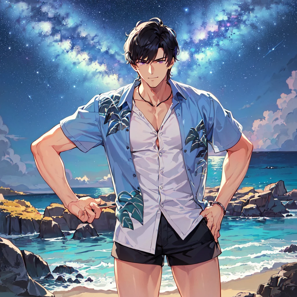 masterpiece,best quality,high quality,(1 male austere handsome solo adult age 30 years old:1.5), purple eyes, cool with suspended eyes, V-shaped eyebrows, body strong and fearless 8.5 head tall, height 185cm, (well-groomed black short hair to neck:1.4), (bangs 1.4), slender nose, facial muscles, throat, (Aloha shirt and shorts: 1.3), (hand on chin: 1.3), (stylish pose), (cool smug face: 1.3), (background ocean: 1.3) , (Milky Way Night Sky: 1.3)