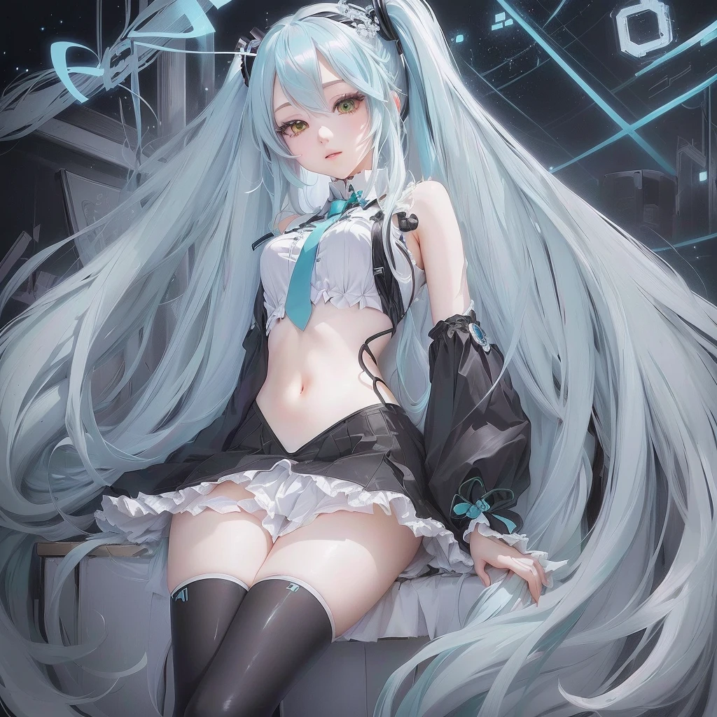 Anime girl with long white hair sitting on a chair, portrait of hatsune Miku, Mikudayo, hatsune Miku, Anime Style 4k, hatsune Miku portrait, Enchanting anime girl, Miku, Nightcore, Anime Art Wallpapers 8K, 4k anime wallpaper, Top rated on pixiv, artstation pixivでトレンド, anime art wallpaper 4k