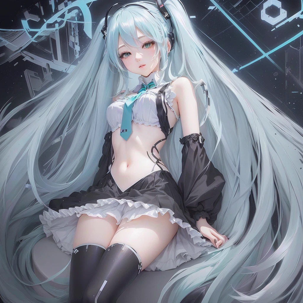 Anime girl with long white hair sitting on a chair, portrait of hatsune Miku, Mikudayo, hatsune Miku, Anime Style 4k, hatsune Miku portrait, Enchanting anime girl, Miku, Nightcore, Anime Art Wallpapers 8K, 4k anime wallpaper, Top rated on pixiv, artstation pixivでトレンド, anime art wallpaper 4k