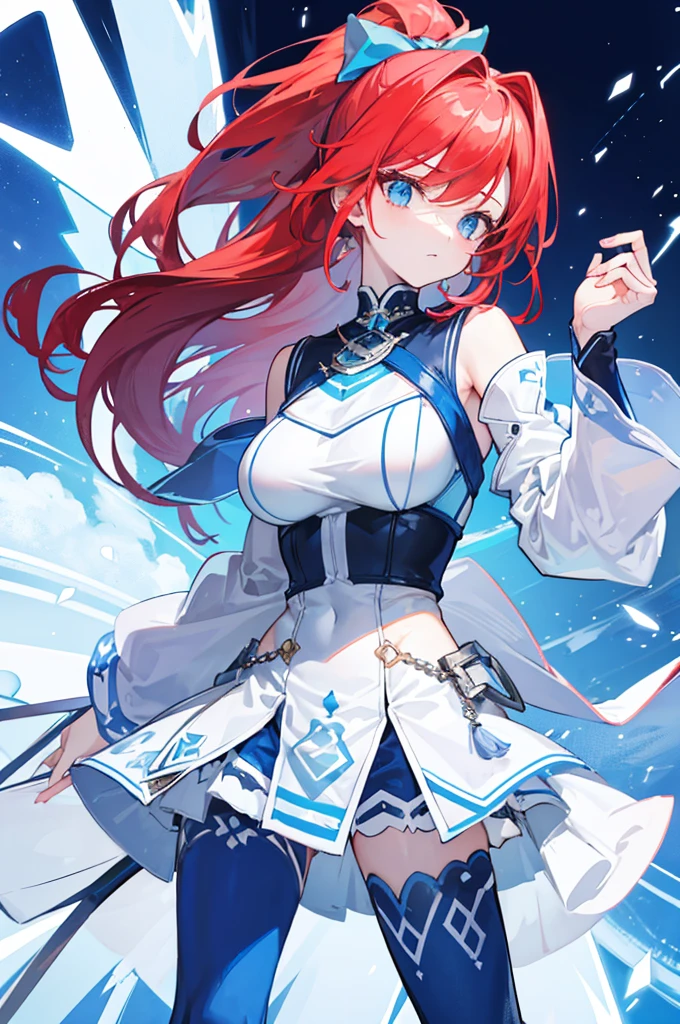 Physical description :
- **Skin**: Fair complexion.
- **Hair**: Long, red hair, tied in a high ponytail with side bangs. She wears a large white bow on the side of her head.
- **Eyes**: Large blue eyes.
- **Clothes** :
- Light blue crop top with dark blue long sleeves and a white collar.
- Matching light blue shorts with blue and white geometric patterns.
- Blue knee-high boots with white cuffs.
- Long dark blue gloves, matching the sleeves of his top.