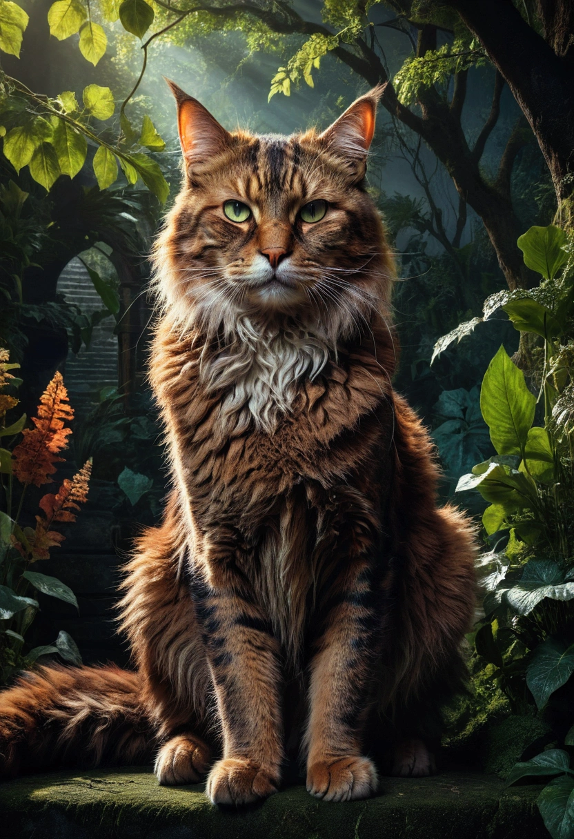 Giant Cat, A giant majestic cat, detailed feline anatomy, intricate fur textures, cinematic lighting, dramatic shadows, epic fantasy landscape, lush foliage, moody atmosphere, vibrant colors, 8k, masterpiece, best quality, very aesthetic, absurdres