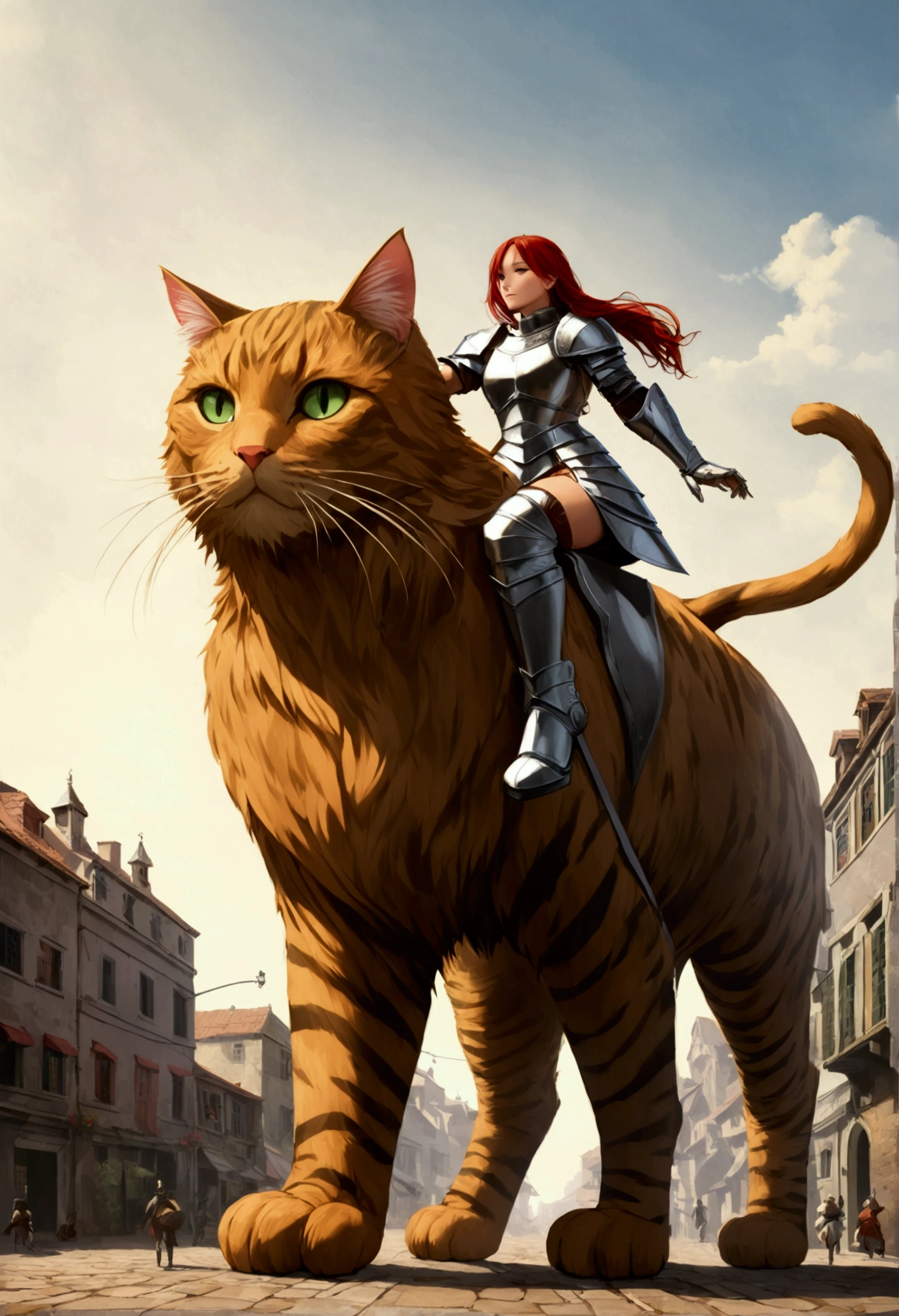 arafed a picture of a human knight riding an (Giant cat 1.3)) וin fantasy street, a a human knight, full body, ((anatomically correct: 1.5), female knight, red hair, long hair, hair in a pony tail, wearing knight's armor, decorated armor, high heeled boots, BREAK riding a (Giant Cat: 1.5)), the cat is wearing armor ready for battle, dynamic color cat Hyperrealism style, vibrant, Ultra-high resolution, High Contrast, (masterpiece:1.5), highest quality, Best aesthetics), best details, best quality, highres, ultra wide angle, 16k, [ultra detailed], masterpiece, best quality, (extremely detailed) RAW, ArmoredDress