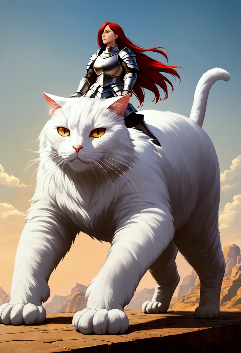arafed a picture of a human knight riding an (Giant cat 1.3)) וin fantasy street, a a human knight, full body, ((anatomically correct: 1.5), female knight, red hair, long hair, hair in a pony tail, wearing knight's armor, decorated armor, high heeled boots, BREAK riding a (Giant Cat: 1.5)), the cat is wearing armor ready for battle, dynamic color cat Hyperrealism style, vibrant, Ultra-high resolution, High Contrast, (masterpiece:1.5), highest quality, Best aesthetics), best details, best quality, highres, ultra wide angle, 16k, [ultra detailed], masterpiece, best quality, (extremely detailed) RAW, ArmoredDress