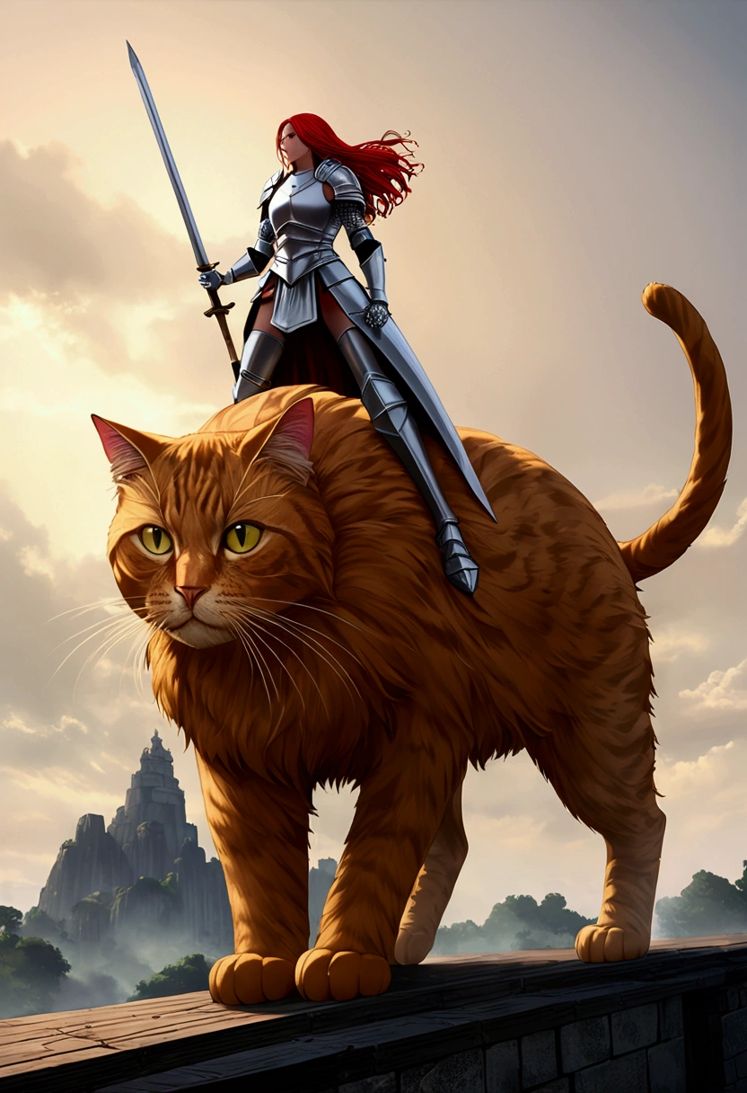 arafed a picture of a human knight riding an (Giant cat 1.3)) וin fantasy street, a a human knight, full body, ((anatomically correct: 1.5), female knight, red hair, long hair, hair in a pony tail, wearing knight's armor, decorated armor, high heeled boots, BREAK riding a (Giant Cat: 1.5)), the cat is wearing armor ready for battle, dynamic color cat Hyperrealism style, vibrant, Ultra-high resolution, High Contrast, (masterpiece:1.5), highest quality, Best aesthetics), best details, best quality, highres, ultra wide angle, 16k, [ultra detailed], masterpiece, best quality, (extremely detailed) RAW, ArmoredDress