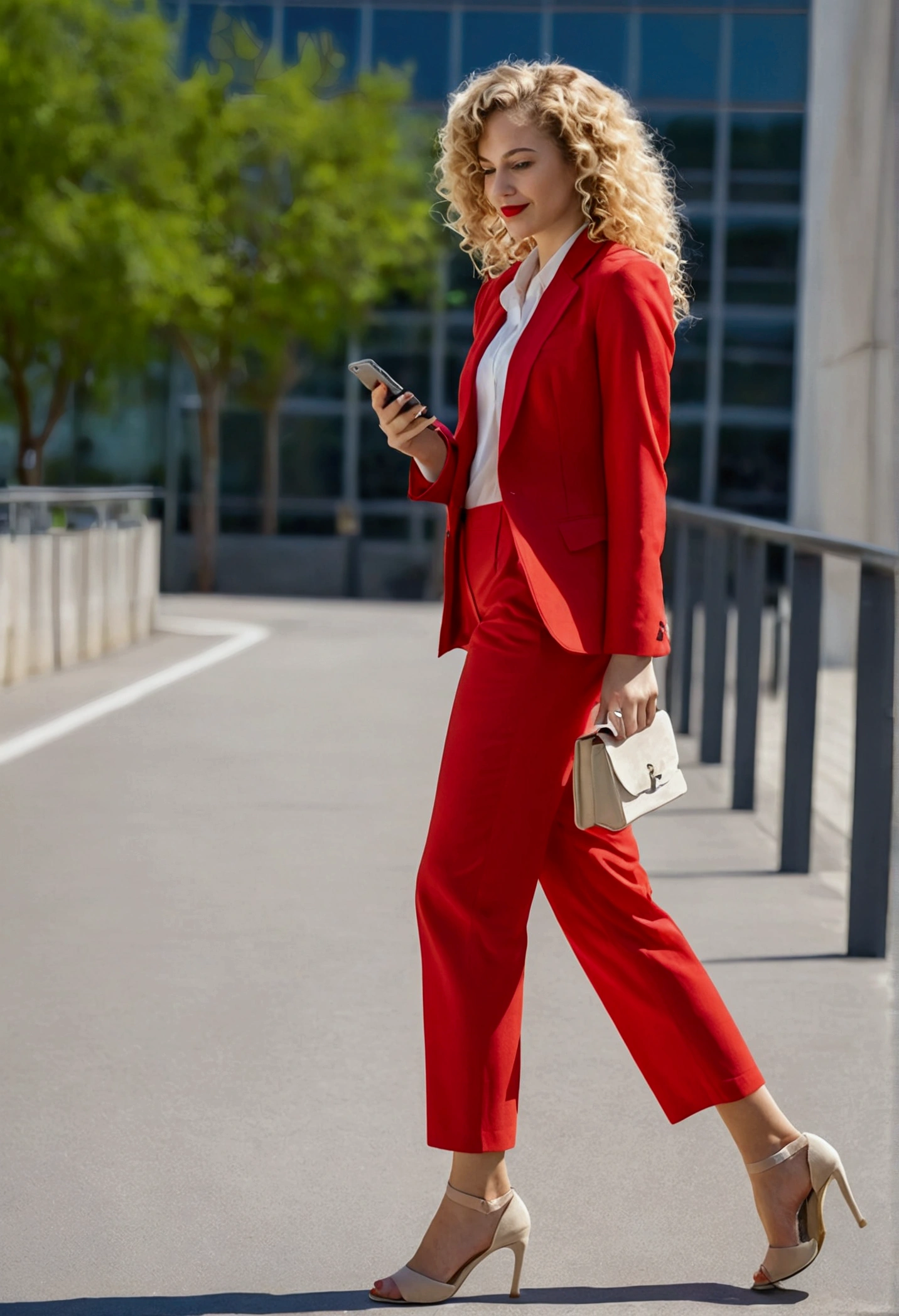 High-quality realistic acrylic art, vivid colors, lateral point of view, a beautiful european woman with blonde curly hair, walking, looking at the viewer with suspicious face and a shy smile, red lips, she wears summer suit, holding a cell phone, crossed legs, wearing wedges shoes