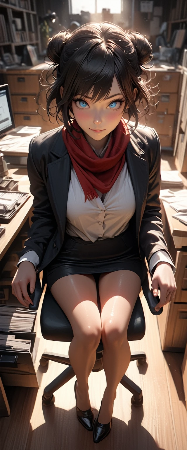 (raw, best quality, masterpiece:1.5), (Photorealistic, intricate details:1.2), ultra high definition, Ridiculous,
1 girl, pretty face, blue eyes, green eyes, Detailed eyes, symmetrical eyes, There is light on the face, nose blushing, short hair, bun, black headband, 
clock, Vest, suit, pencil miniskirt, White shirt, silk scarf, black pantyhose, [:20 days, :0.8],
Smile, Small dimples, Sexual innuendo, 
medium breasts, slim waist, thin legs, long legs,
sitting in chair in front of desk, Perfect body, good proportions,
looking at the audience, 
(office, indoor, hyper Detailed background:1.2), Japan, copier, File cabinets, , monitor,
shiny skin, Realistic skin texture, 
natural lighting, best lighting, Detailed background, Detailed shadows, sharp focus, Depth of field f/2,
Saturated, high contrast, strong light and shadow