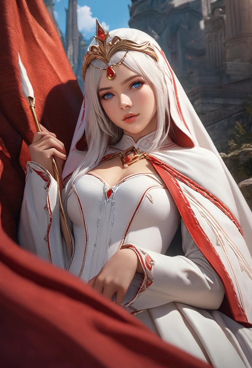 (best quality,4k,8k,highres,masterpiece:1.2), ultra-detailed, (realistic,photorealistic,photo-realistic:1.37),((Highly detailed CG Unity 8k wallpaper)), masterpiece, Super detailed, floating, High resolution, Sexually suggestive, (small, Extremely long white hair, Princess, White Mage, blue eyes, (It has long, wide sleeves and intricate embroidery. A gorgeous layered long dress in white and red with a sheer look), Bridal Veil, Circlet, Bridal Gauntlet, Blushing, shy, arched back, Frilled petticoat, Glamorous corset,