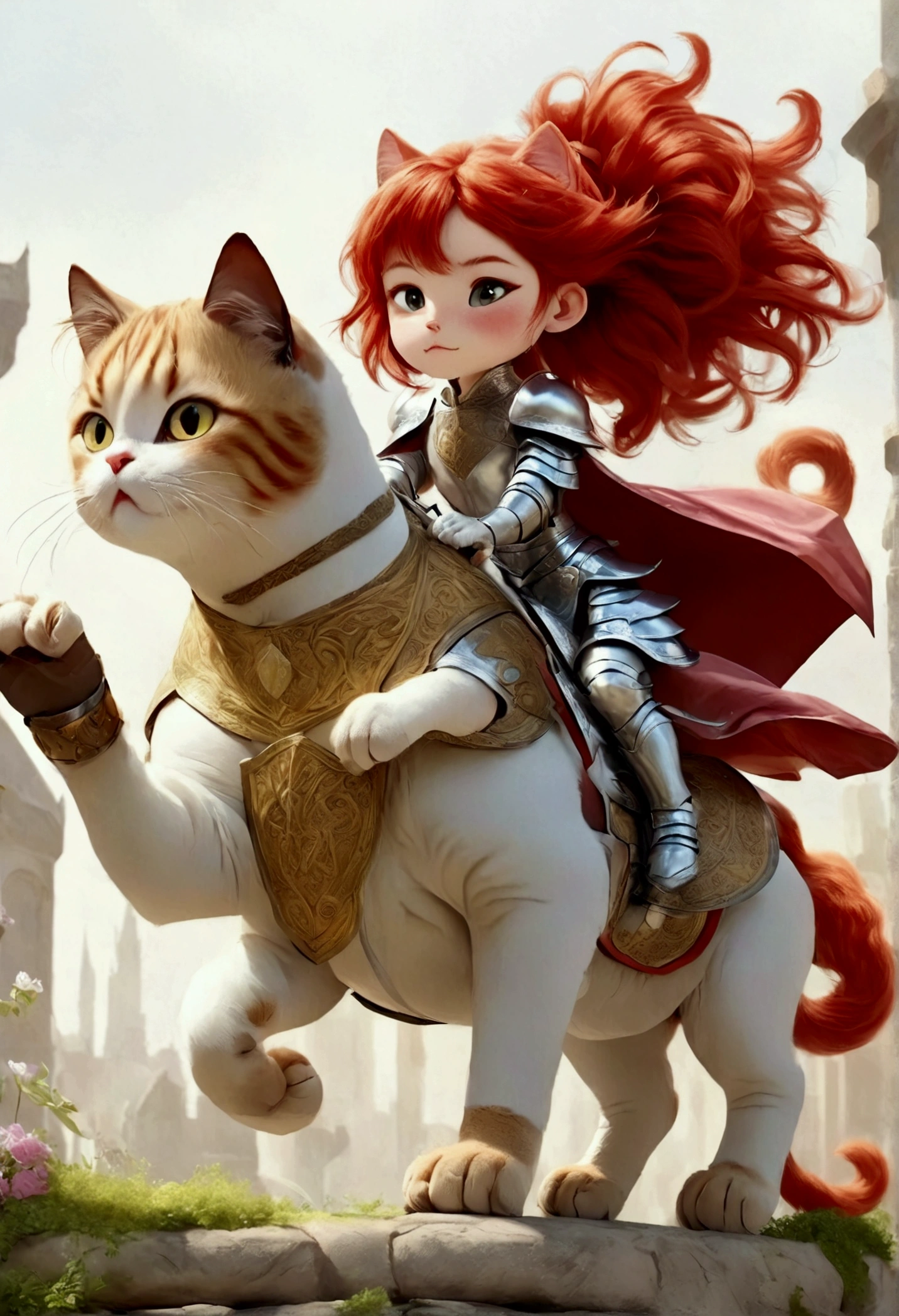 arafed a picture of a human knight riding an (Giant cat 1.3)) וin fantasy street, a a human knight, full body, ((anatomically correct: 1.5), female knight, red hair, long hair, hair in a pony tail, wearing knight's armor, decorated armor, high heeled boots, BREAK riding a (Giant Cat: 1.5)), the cat is wearing armor ready for battle, dynamic color cat Hyperrealism style, vibrant, Ultra-high resolution, High Contrast, (masterpiece:1.5), highest quality, Best aesthetics), best details, best quality, highres, ultra wide angle, 16k, [ultra detailed], masterpiece, best quality, (extremely detailed) RAW, ArmoredDress