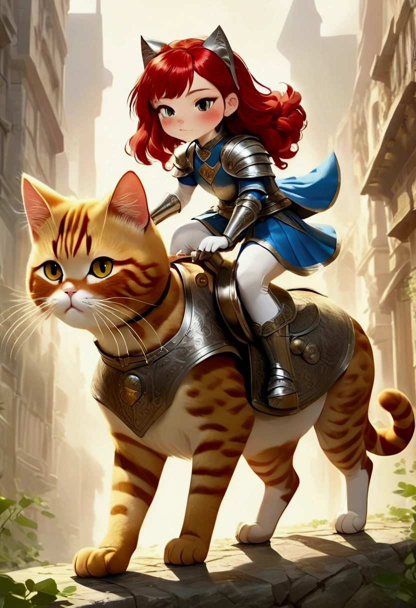 arafed a picture of a human knight riding an (Giant cat 1.3)) וin fantasy street, a a human knight, full body, ((anatomically correct: 1.5), female knight, red hair, long hair, hair in a pony tail, wearing knight's armor, decorated armor, high heeled boots, BREAK riding a (Giant Cat: 1.5)), the cat is wearing armor ready for battle, dynamic color cat Hyperrealism style, vibrant, Ultra-high resolution, High Contrast, (masterpiece:1.5), highest quality, Best aesthetics), best details, best quality, highres, ultra wide angle, 16k, [ultra detailed], masterpiece, best quality, (extremely detailed) RAW, ArmoredDress