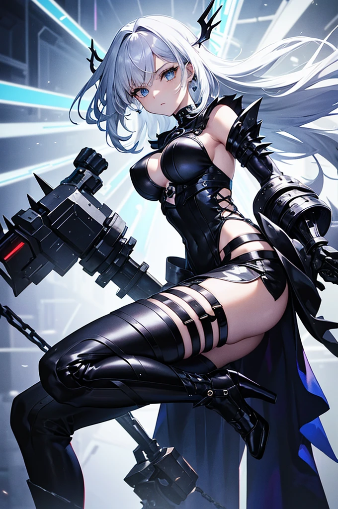*Clothing:** She wears a very open black top, exposing part of her bust and abdomen. His garment features sharp, jagged shoulder pads, with sleeves that appear to blend into metallic or cybernetic structures. Her skirt or bottom consists of several metal spikes and dark stripes that partially cover her legs. - **Shoes:** His shoes are also cybernetic in style, with metal spikes and exposed mechanical elements. - **Accessories:** The character appears to be wearing pieces of armor or mechanical equipment, particularly on his arms and legs, with chains and heavy metal structures. She also holds objects shaped like lamps or weapons in each hand. - **Hair:** Her hair is long, white or silver in color, and is styled so that it flows behind her, adding a sense of movement to her appearance. - **Eyes:** Her eyes are a light orange color and appear to glow slightly, which could indicate a cybernetic or supernatural nature. Its overall appearance evokes a mix of science fiction and fantasy, with a style very marked by cybernetic elements and mechanical attributes.