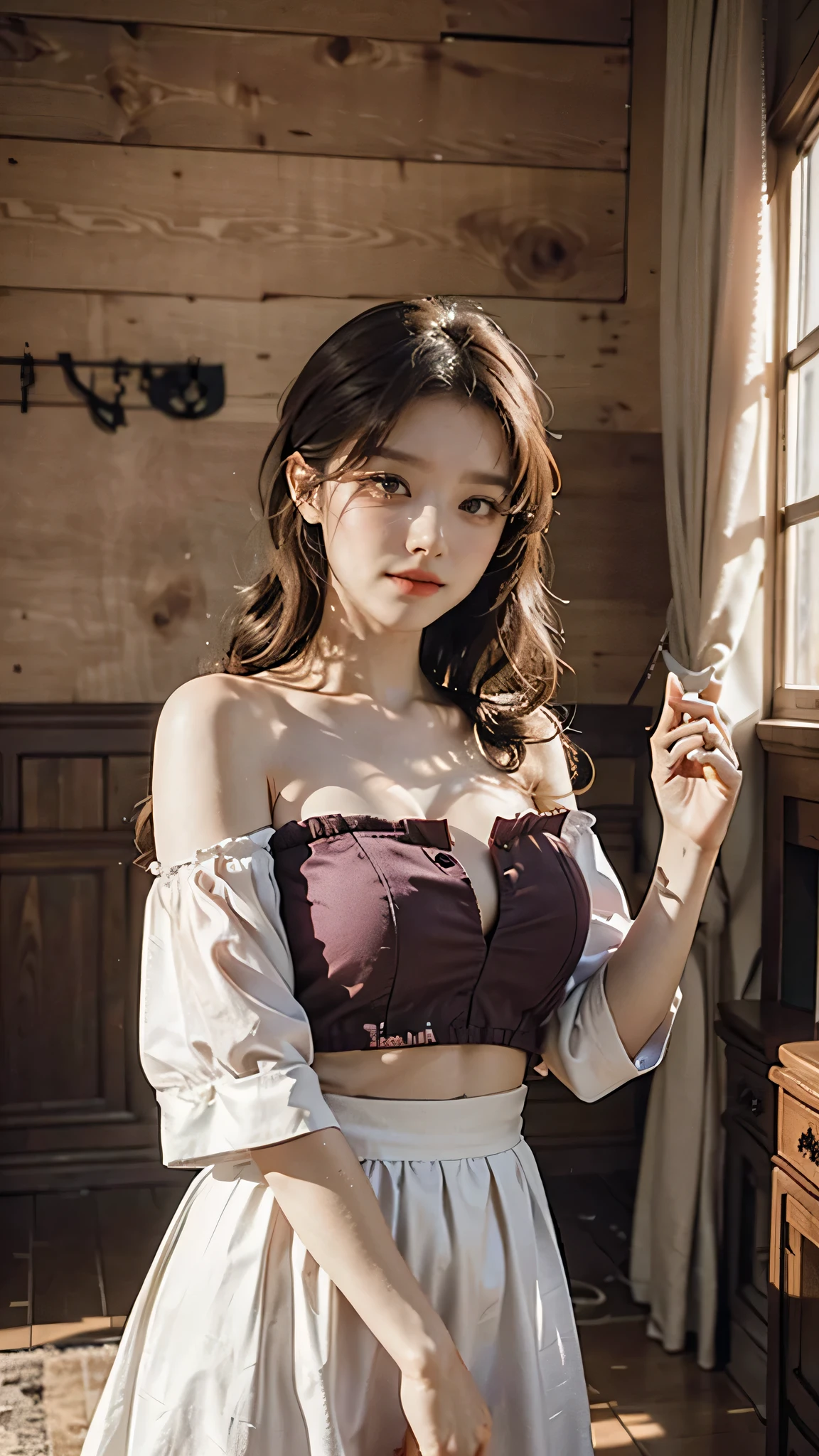 detailed background, masterpiece, best quality, 1 person , curly hair, long hair, purple eyes, star in eye , sharp red Strapless blouse, long skirt, cute different poses, indoor wood furniture ,light wood color,, upper body , Red color