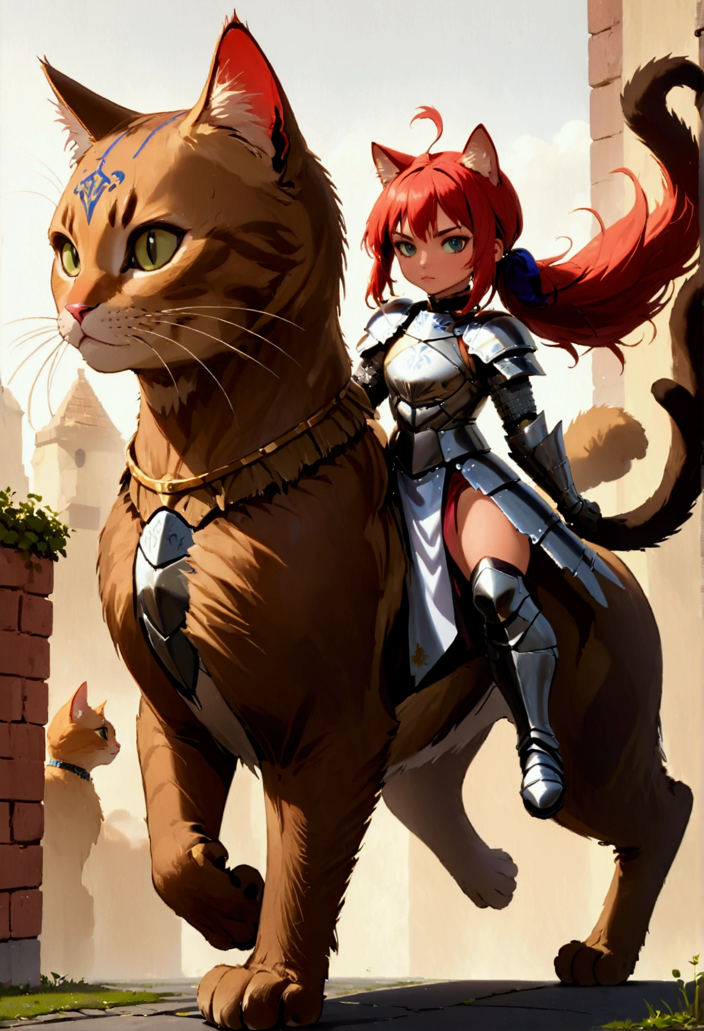 arafed a picture of a human knight riding an (Giant cat 1.3)) וin fantasy street, a a human knight, full body, ((anatomically correct: 1.5), female knight, red hair, long hair, hair in a pony tail, wearing knight's armor, decorated armor, high heeled boots, BREAK riding a (Giant Cat: 1.5)), the cat is wearing armor ready for battle, dynamic color cat Hyperrealism style, vibrant, Ultra-high resolution, High Contrast, (masterpiece:1.5), highest quality, Best aesthetics), best details, best quality, highres, ultra wide angle, 16k, [ultra detailed], masterpiece, best quality, (extremely detailed) RAW, ArmoredDress