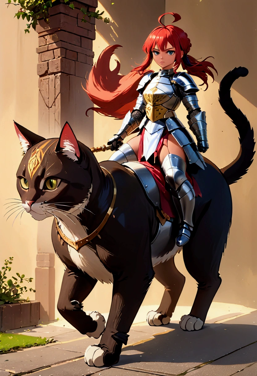 arafed a picture of a human knight riding an (Giant cat 1.3)) וin fantasy street, a a human knight, full body, ((anatomically correct: 1.5), female knight, red hair, long hair, hair in a pony tail, wearing knight's armor, decorated armor, high heeled boots, BREAK riding a (Giant Cat: 1.5)), the cat is wearing armor ready for battle, dynamic color cat Hyperrealism style, vibrant, Ultra-high resolution, High Contrast, (masterpiece:1.5), highest quality, Best aesthetics), best details, best quality, highres, ultra wide angle, 16k, [ultra detailed], masterpiece, best quality, (extremely detailed) RAW, ArmoredDress