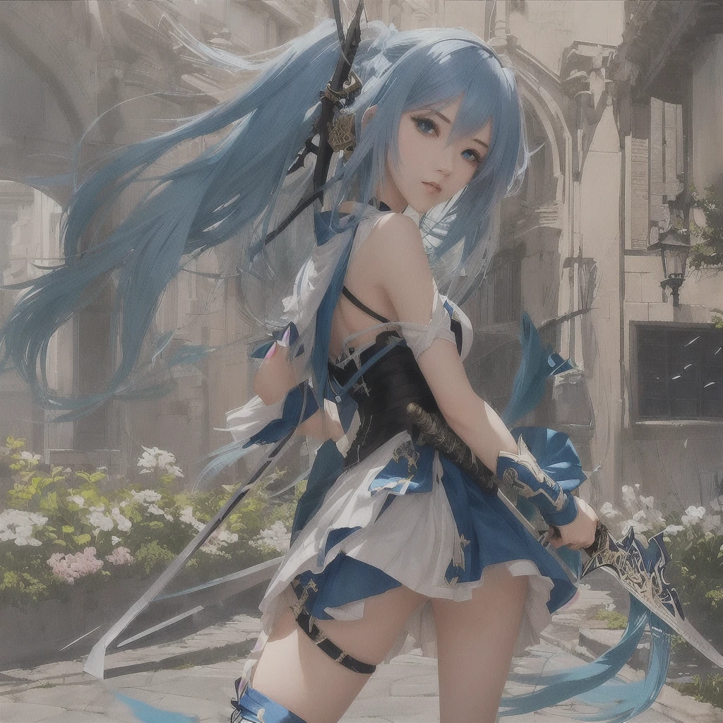 Anime girl with blue hair and sword in the courtyard, digital art on Pixiv, trending on artstation Pixiv, Pixiv contest winner, guweiz on Pixiv artstation, Anime Style 4k, guweiz on artstation Pixiv, by Shimo, Anime style digital art, Zerochan Art, Pixiv 3dcg, Pixiv