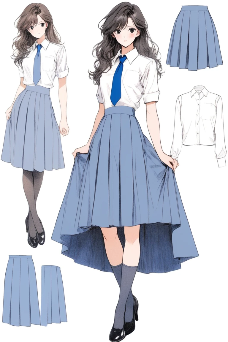 (Best quality, sketch:1.2),realistic,illustrator,anime,1 girl, details, [full length female mannequin], (photographic portrait), White shirt with blue tie, black skirt, sun skirt, fluffy skirt, knee length skirt, (black, nylon stockings), Low-heeled shoes, school shoes, black туфли, high-waisted skirt, skirt with corset, (good anatomy of the body, Ideal body anatomy), (detailed clothing) 