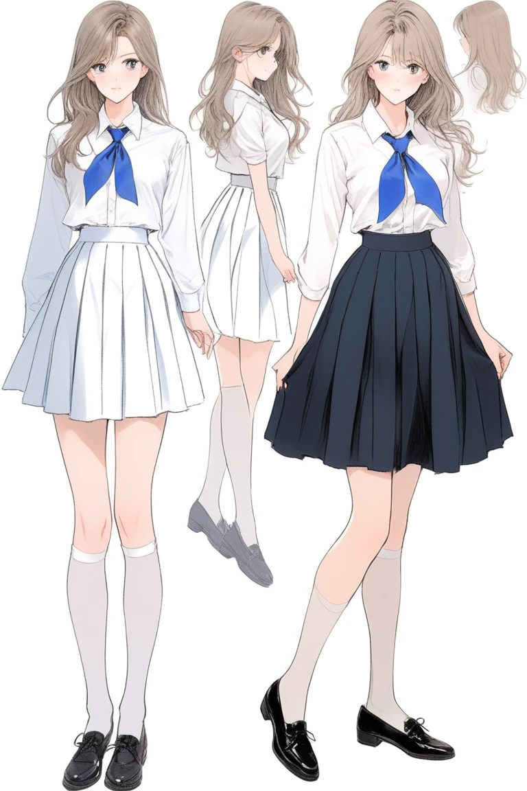 (Best quality, sketch:1.2),realistic,illustrator,anime,1 girl, details, [full length female mannequin], (photographic portrait), White shirt with blue tie, black skirt, sun skirt, fluffy skirt, knee length skirt, (black, nylon stockings), Low-heeled shoes, school shoes, black туфли, high-waisted skirt, skirt with corset, (good anatomy of the body, Ideal body anatomy), (detailed clothing) 
