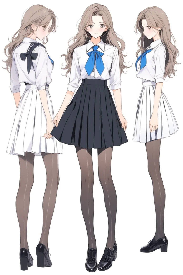 (Best quality, sketch:1.2),realistic,illustrator,anime,1 girl, details, [full length female mannequin], (photographic portrait), White shirt with blue tie, black skirt, sun skirt, fluffy skirt, knee length skirt, (black, nylon stockings), Low-heeled shoes, school shoes, black туфли, high-waisted skirt, skirt with corset, (good anatomy of the body, Ideal body anatomy), (detailed clothing) 
