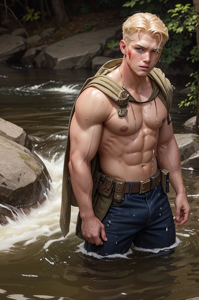 llustration in Leyendecker style ; without a weapon , a navy seal , blonde , 27 years old, , stands on both knees , a frightened look . there are drops of blood on his face . His face , lips , hair and body armor are thickly splattered with white viscous sperm . Cum trickles out of his mouth in a thin stream
