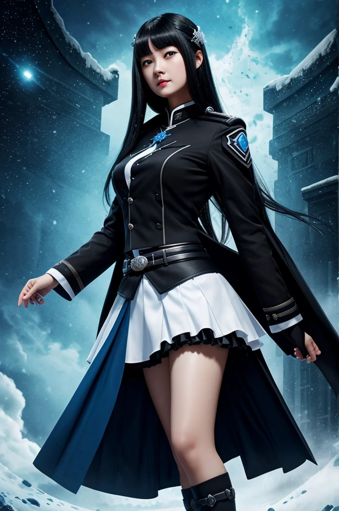 A girl of one meter and thirty-two centimeters, black hair with dark blue tips, slimy dark blue eyes, white skin, black demon hunter uniform and a black skirt, a sky blue haori, a brooch of a white-blue snowflake