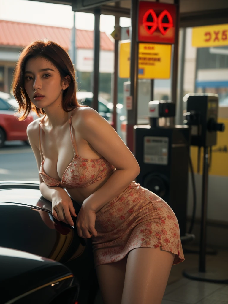 full body shot, Best quality, 20y, (chubby:1.2), 1girl, kazakh, wearing floral tanktop, skirt, big breast, (sexy:1.2) (redhead:1.2), hair blowing in the wind, moody, dep shadow, posing in gas station, detailed face and eyes, (perfect object:1.2), kodacrhome, (cinematic dark lighting:1.3), (ultra highres;1.3), highly detailed:1.3), masterpiece, sharp focus, beautiful film bokeh, surreal view, candid style, shot by zenit camera with 35mm lens, Portrait by annie leibovitz