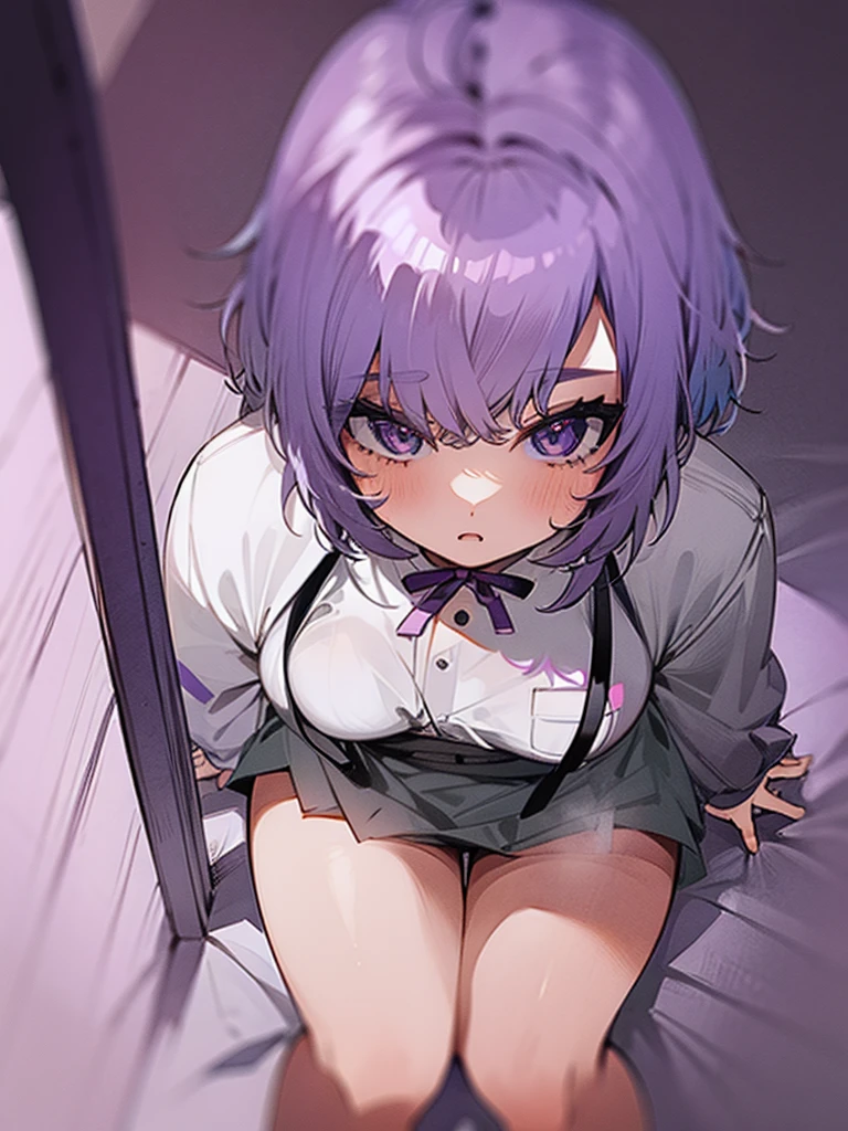 Top image quality,8K,(((NSFW))),((Jitome,blush,Embarrassment)) a bed,Purple Shorthair,navy blue business suit,Miniskirt,masutepiece, The vibrator is rammed by a man from behind,Girl getting on all fours,Covered in love juice,Tremble,Usually cool 22 years old