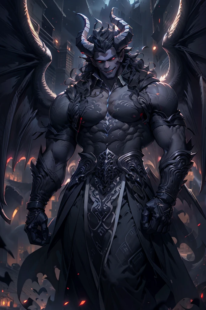 a gray-skinned demon, 3 meters tall, dressed in semi-formal clothing, gloves, broken angel wings, white eyes and a charming smile, long semi-wavy black hair which is tied up in a bun